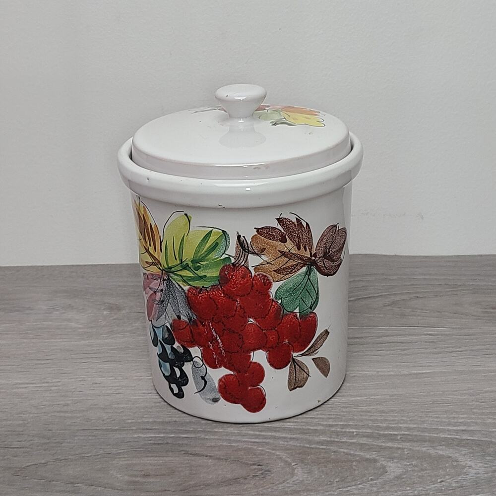 Ceramic Lidded Canister White Glazed Painted Fruit Italy